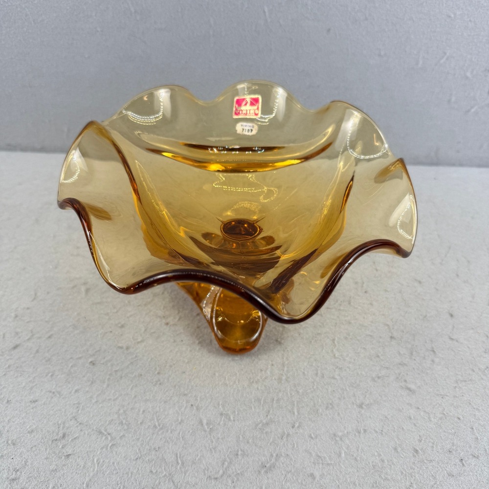 Viking Glass 7107 Amber Ruffled Hand Made Three Footed Compote Bowl MCM - Picture 2 of 7